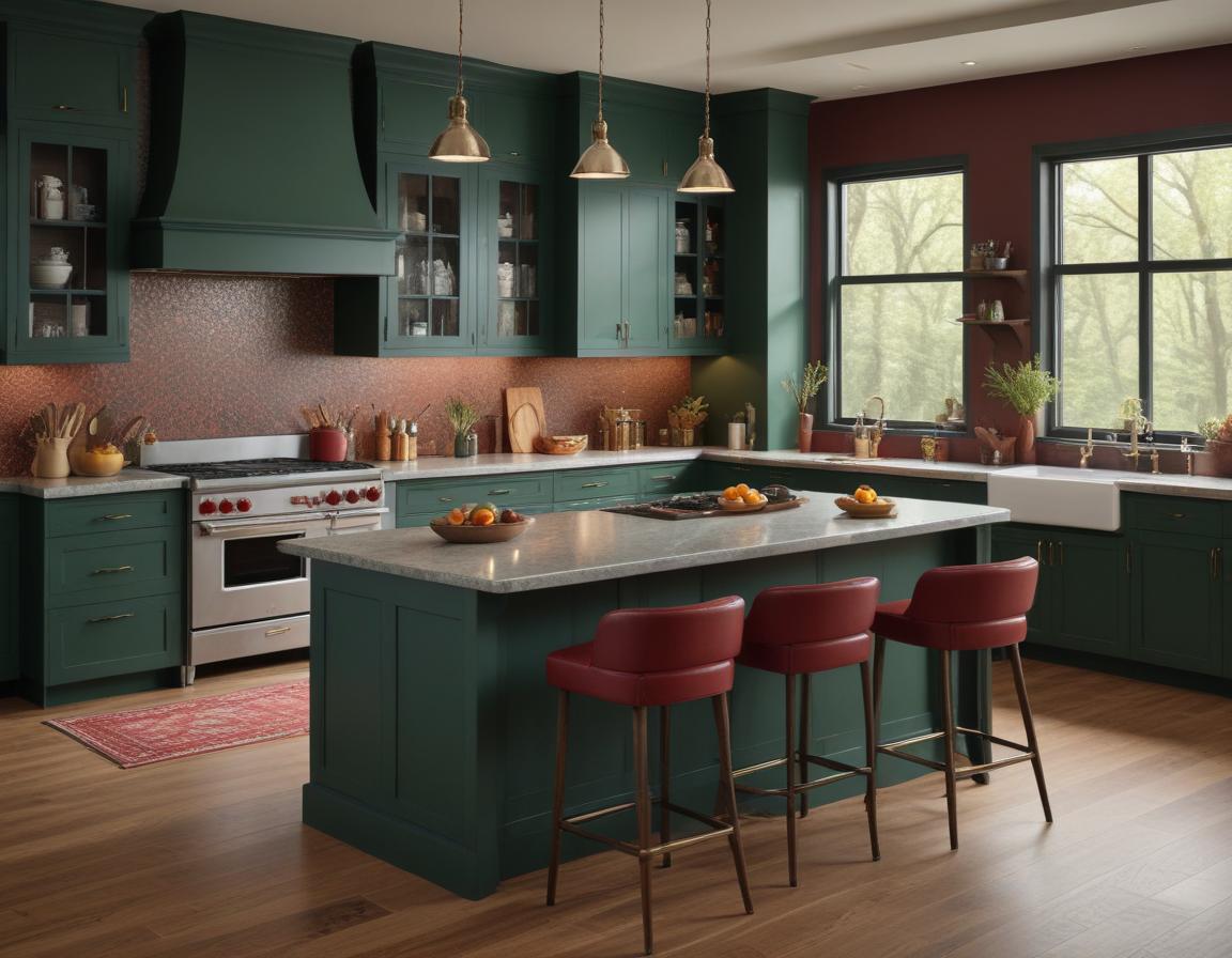 A kitchen with earthy colors like forest green walls and chocolate brown cabinets.