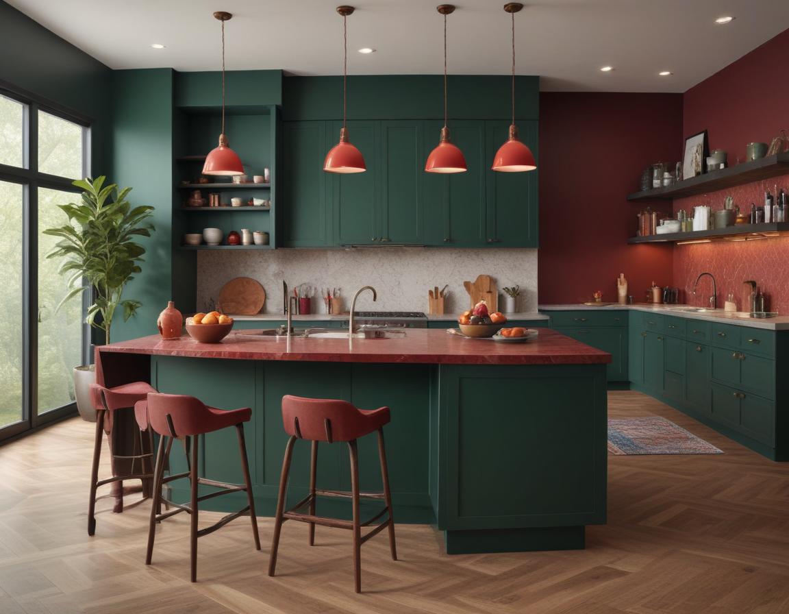 A modern kitchen with bold accent furniture and feature lighting.