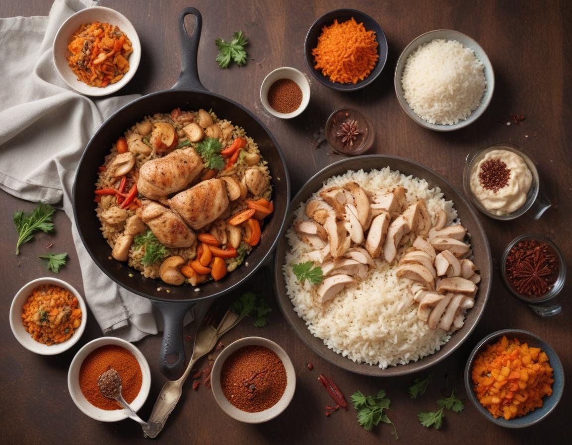 A flat-lay photo of a kitchen counter with bowls of leftover rice, grilled chicken, cooked vegetables, and pantry spices arranged around a frying pan