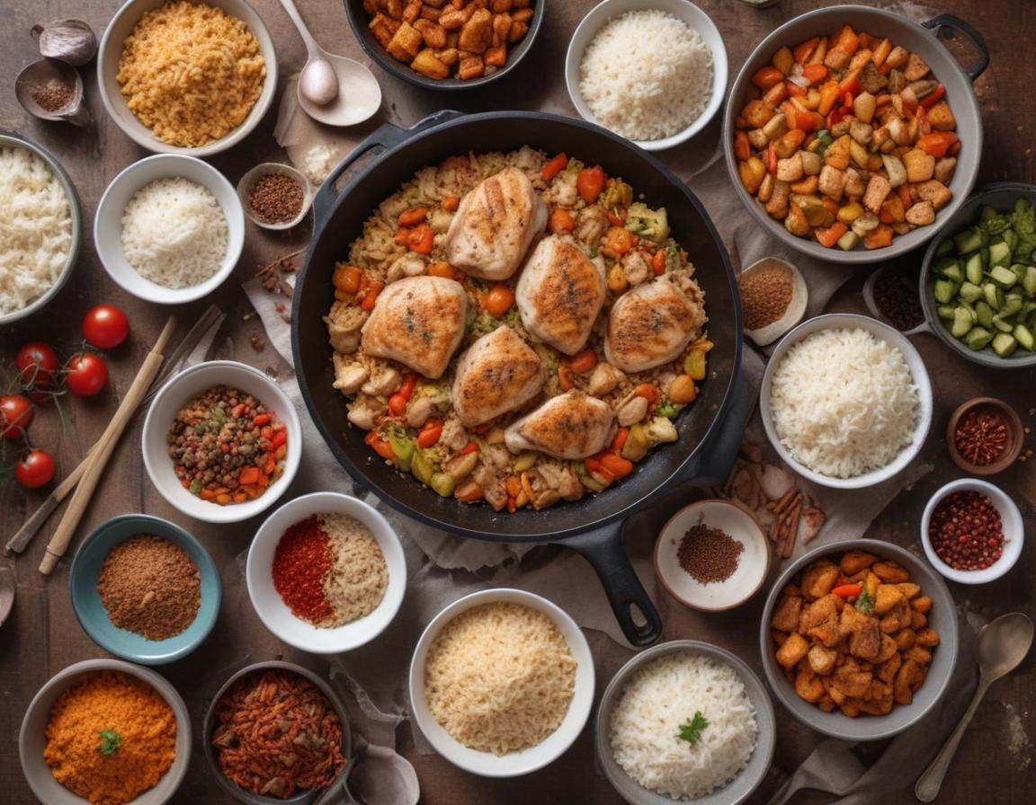 A cheerful family sitting at a table filled with dishes like fried rice, tacos, and frittata, showcasing versatile leftover recipes