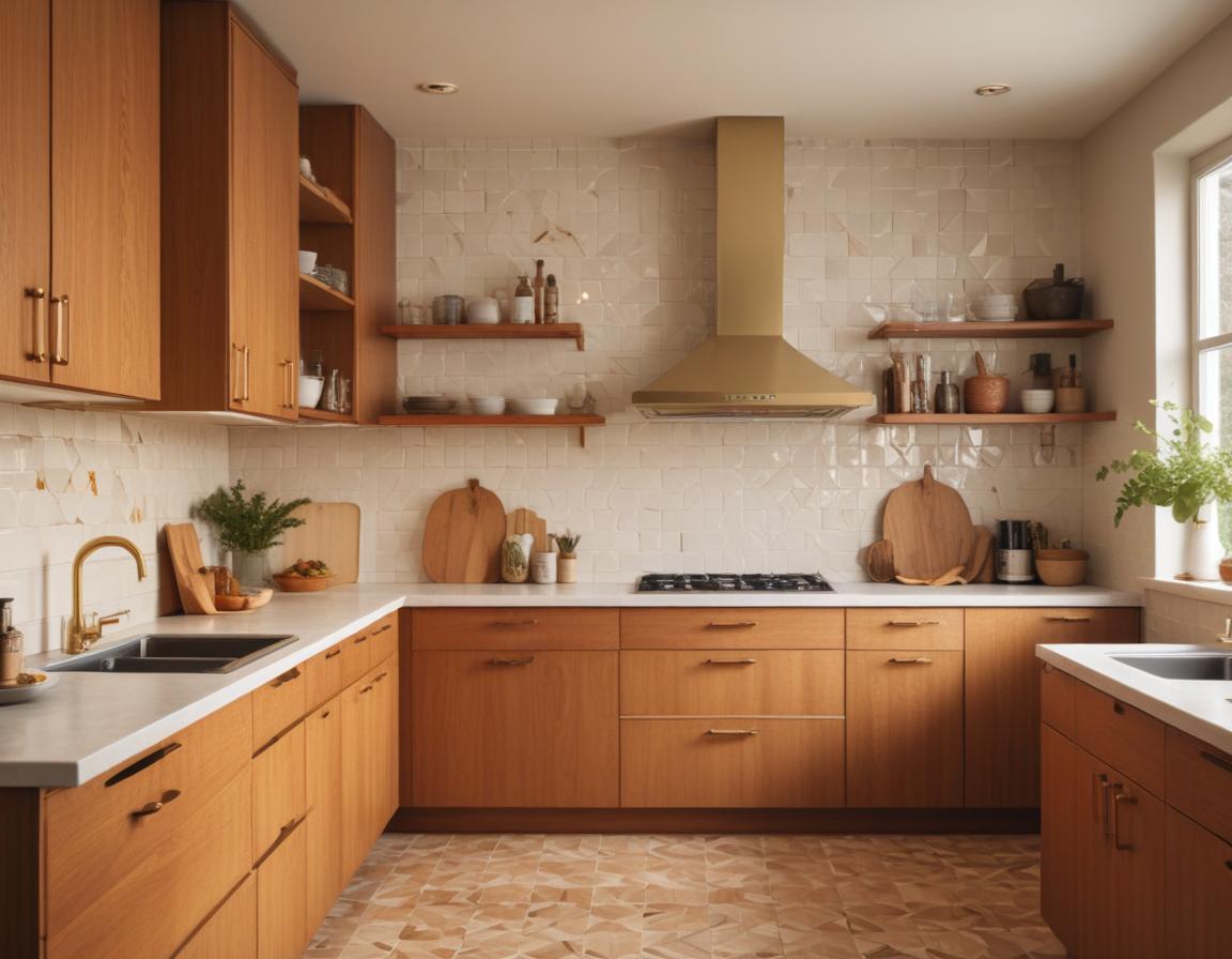 Mid-century modern kitchen with warm wood tones and geometric tiled backsplash
