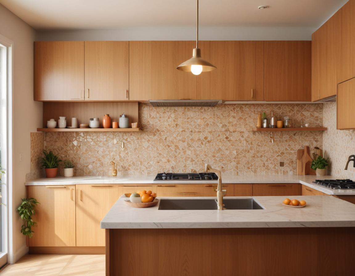 A kitchen with open shelves displaying colorful dishes