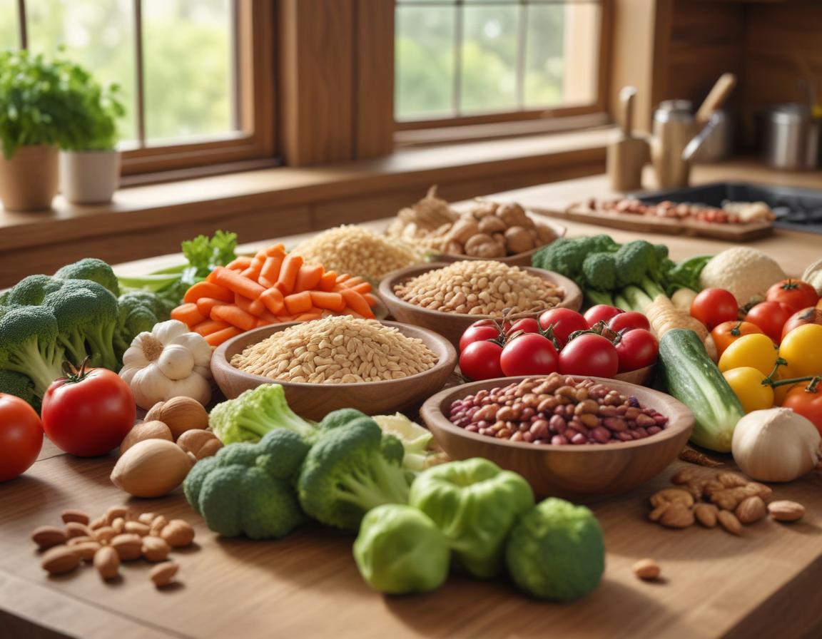 Fresh plant-based ingredients like vegetables and grains beautifully arranged on a kitchen counter with sunlight streaming in.