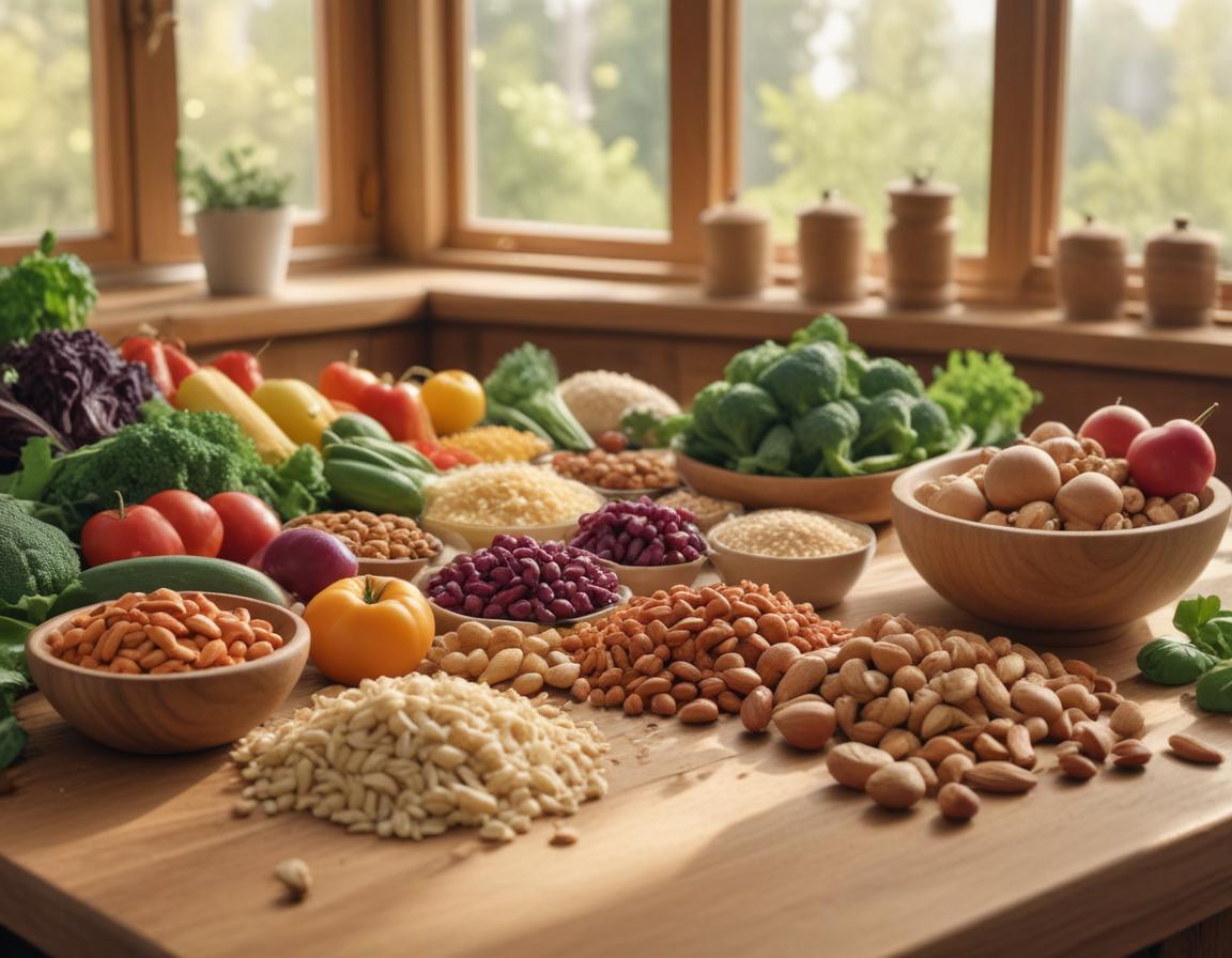 An inviting home kitchen setup featuring a chef preparing colorful, plant-based meals along with an assortment of cookbooks.
