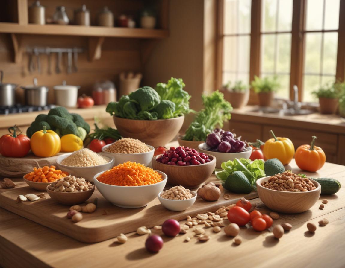 A vibrant salad bowl containing mixed greens, roasted vegetables, and vegan dressing.