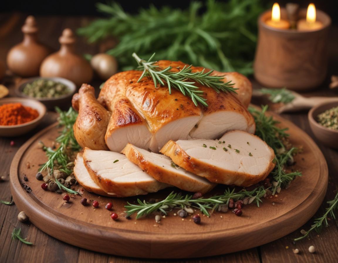Gourmet roasted chicken breast garnished with fresh herbs