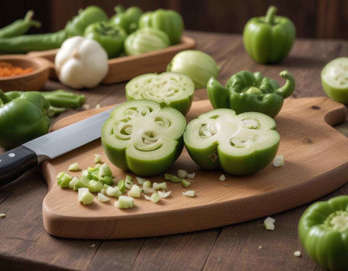Chopped onions, green bell peppers, and celery on a cutting board
