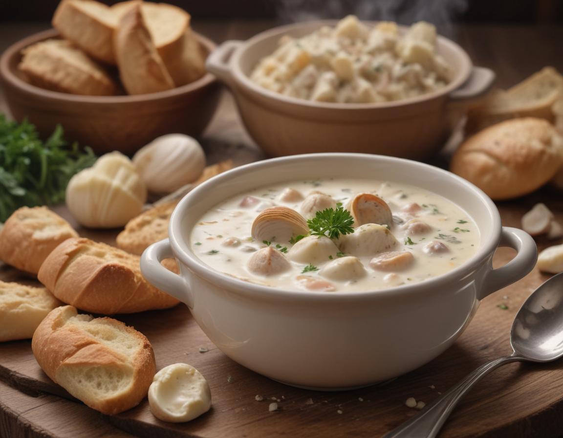 New England Clam Chowder bowl with bread and parsley
