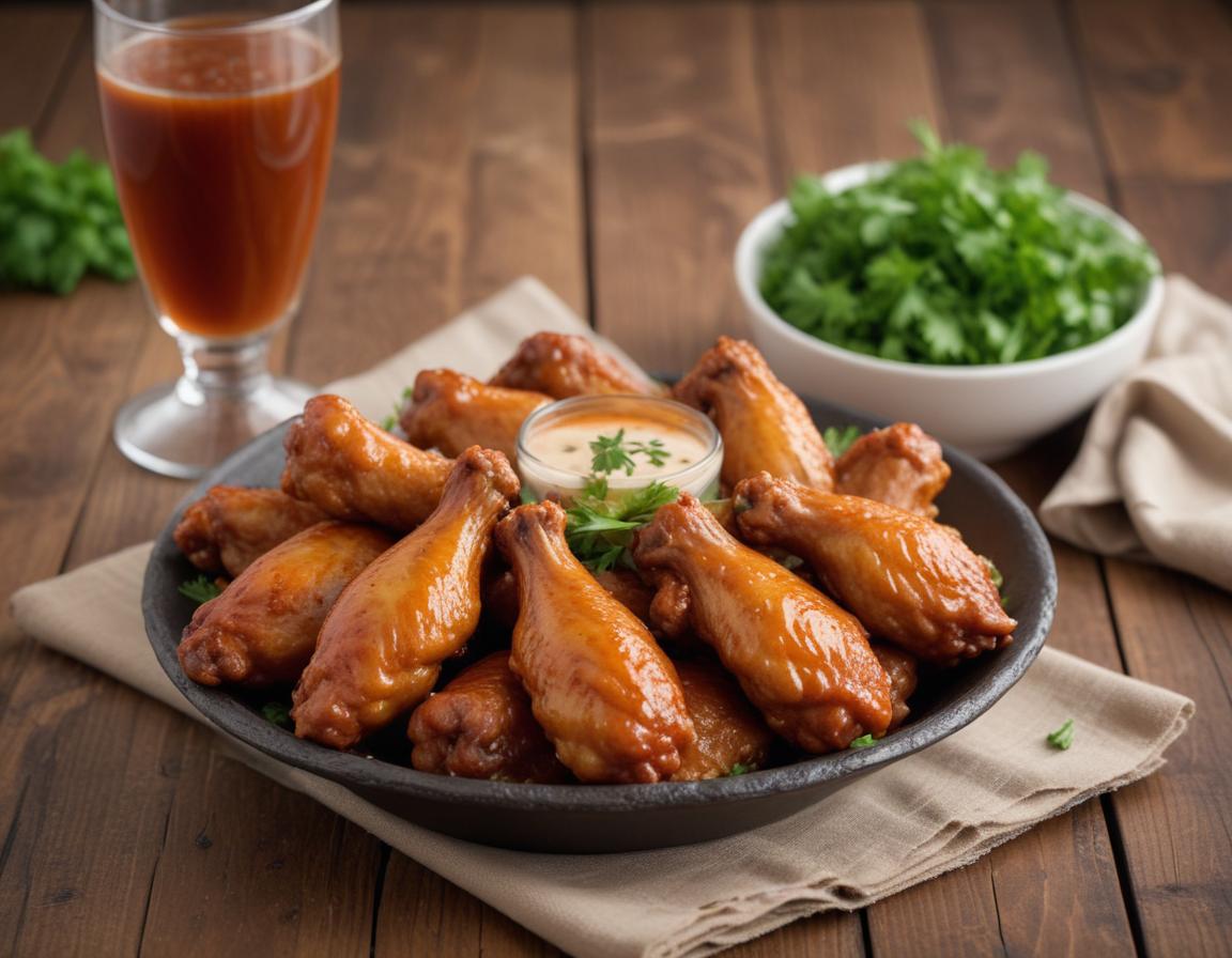 Juicy, golden chicken wings coated with buffalo sauce garnished with parsley