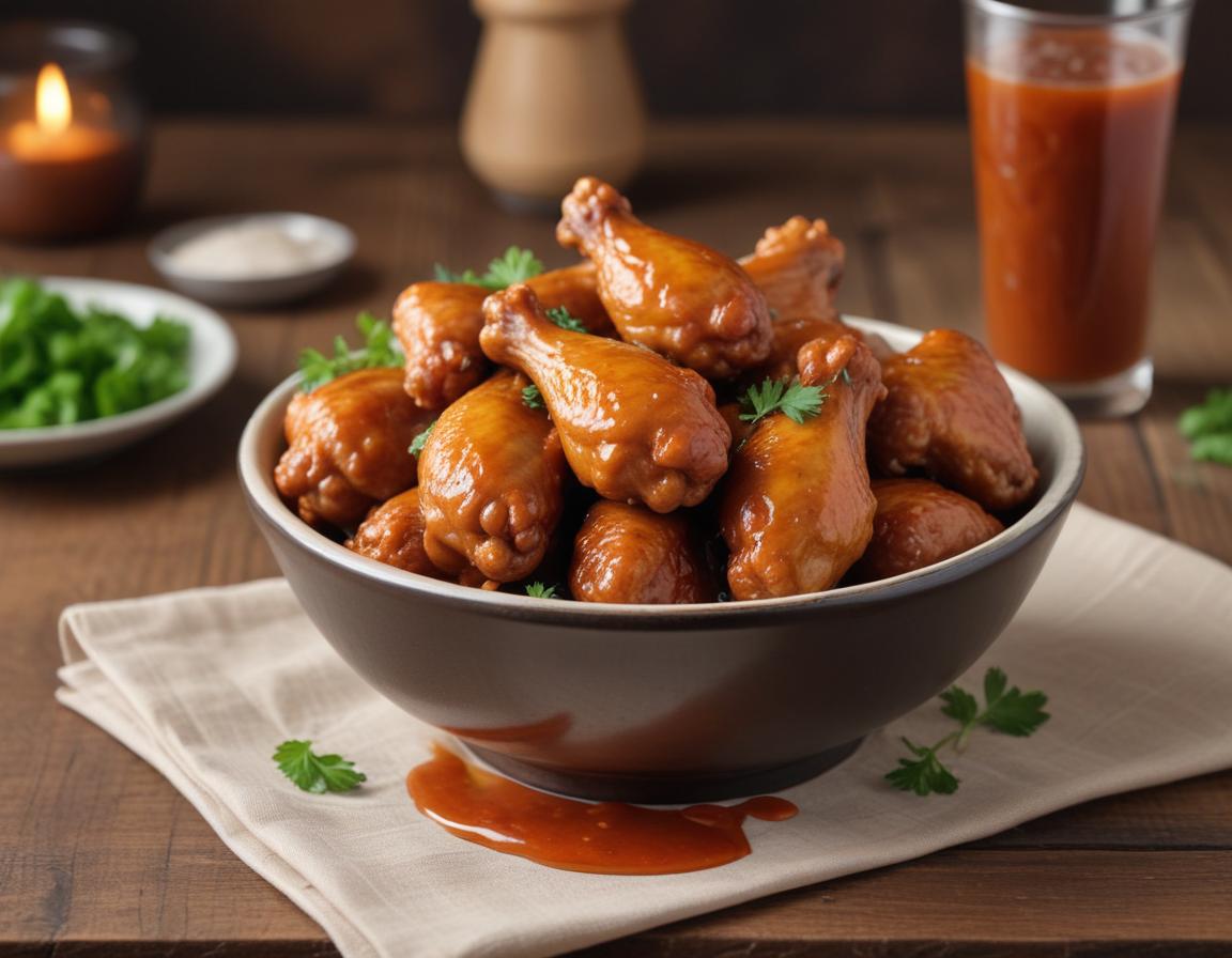 A dinner table with wings, sauces, vegetables, and drink pairings