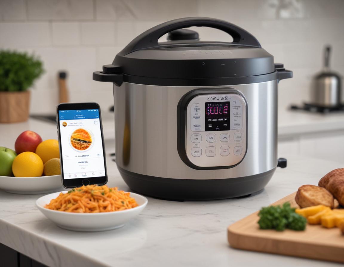 Smart Instant Pot with smartphone in modern kitchen setting