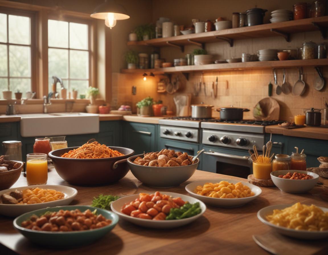 A vibrant photo-realistic image of an American kitchen, showcasing food preparations using a mixture of classic and international ingredients; warm tones and bustling energy.