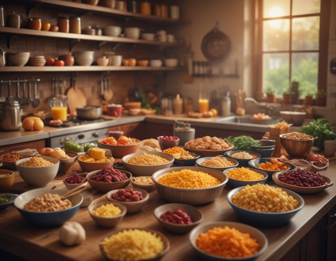 A close-up of cultural spices and ingredients artfully displayed, representing various global cuisines; vibrant and colorful.