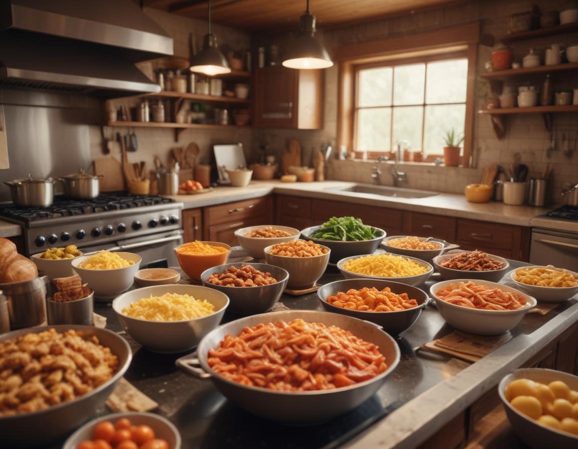 A lively kitchen scene, with chefs actively creating colorful dishes; some using traditional American methods, while others incorporate international spices.