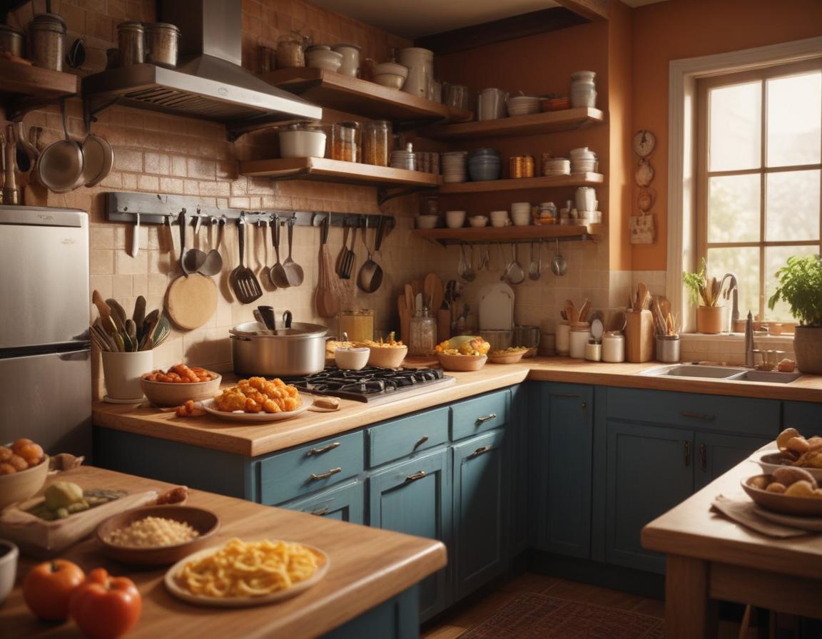 A serene dining table shot, featuring the completed fusion dish alongside elegantly placed utensils; warm lighting adds an intimate touch.