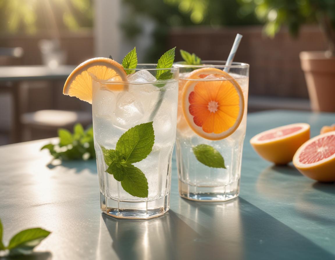 A mason jar with berries, lemonade, and club soda garnished with lemon