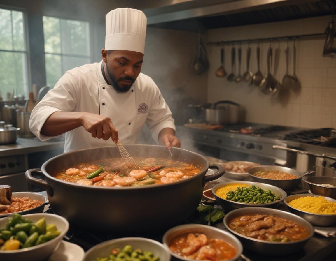 Chef preparing gumbo in a New Orleans kitchen