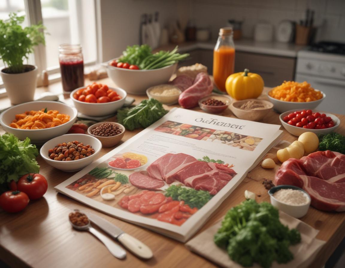 Modern kitchen table with fresh ingredients and an open recipe book