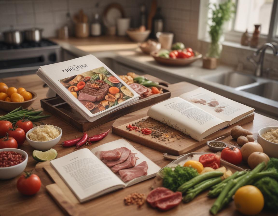 Farmer’s market with fresh produce, meats, and cheerful shoppers