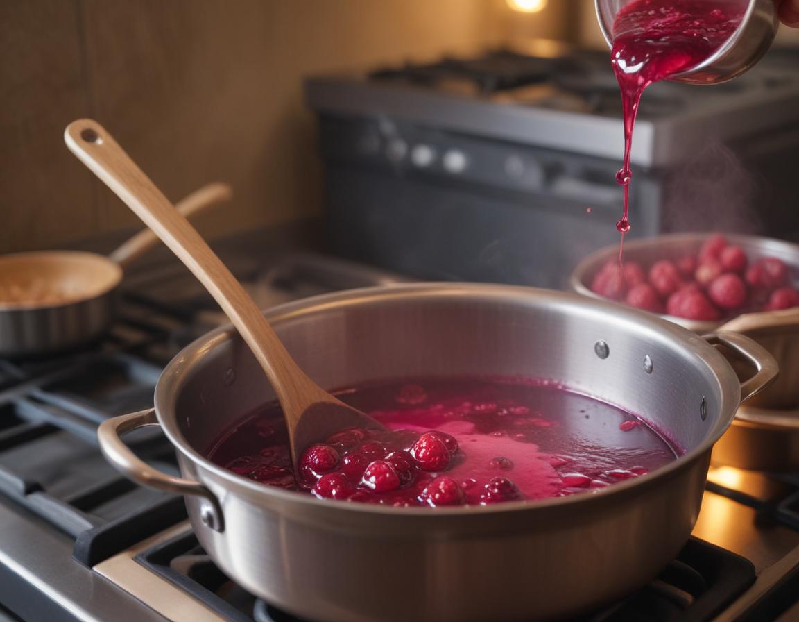 A close-up of a saucepan gently simmering a vibrant pink berry syrup