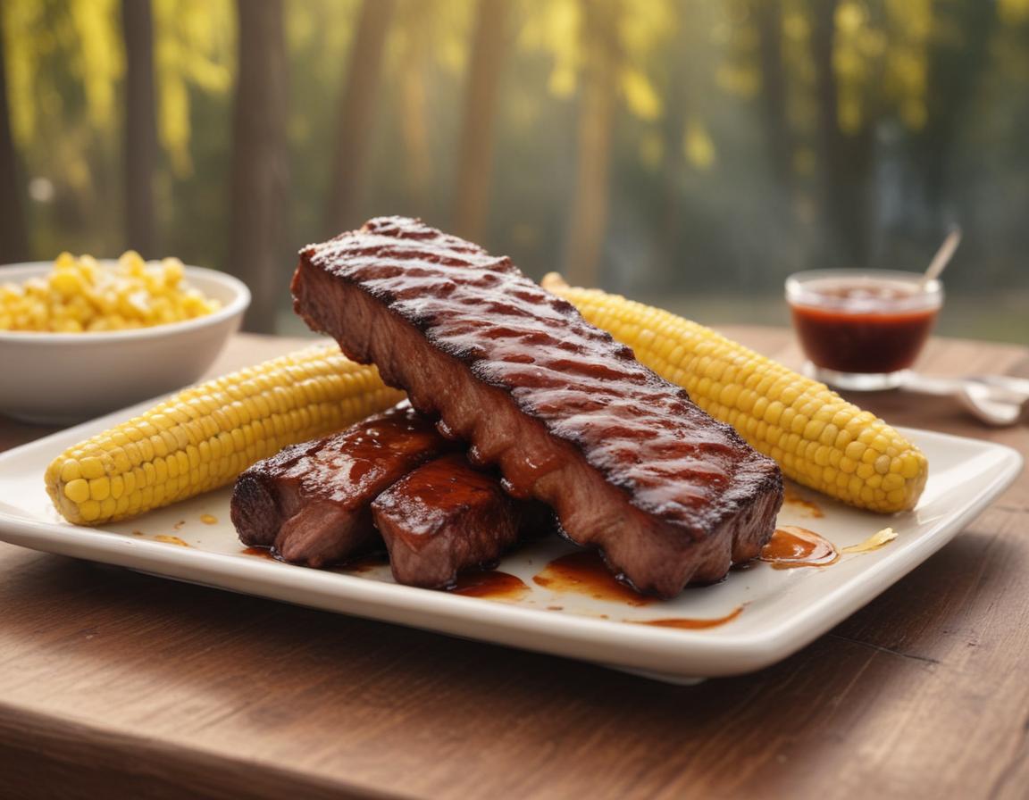Close-up shot of a juicy rack of smoked ribs garnished with BBQ sauce, paired with grilled corn on the cob and a sunny outdoor background, photo-realistic