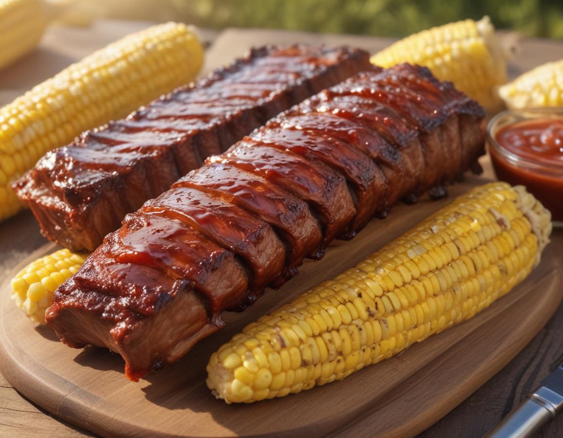 A flat-lay view of grilling tools including tongs, a spatula, a grill brush, a cooler filled with ice and colorful drinks and outdoor furniture surrounding a BBQ grill, photo-realistic