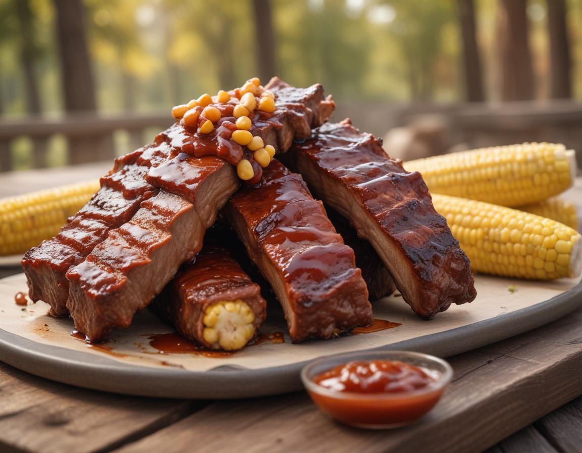 A display of an eco-friendly BBQ setup with bamboo cutlery, cloth napkins, locally sourced produce, and clean wooden table decor under summer skies, photo-realistic