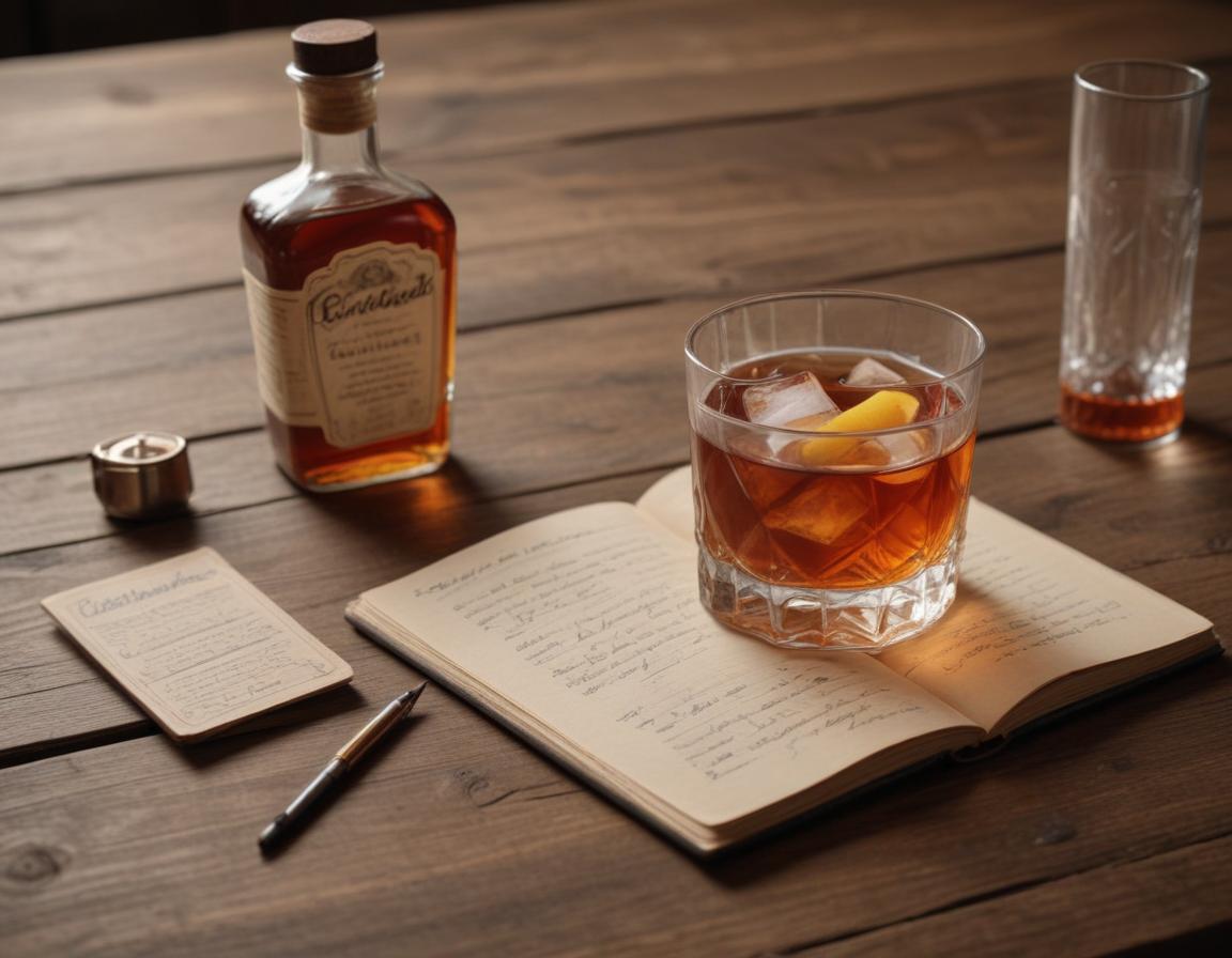 Vintage cocktail notebook with recipes, bitters, and bourbon on a rustic table