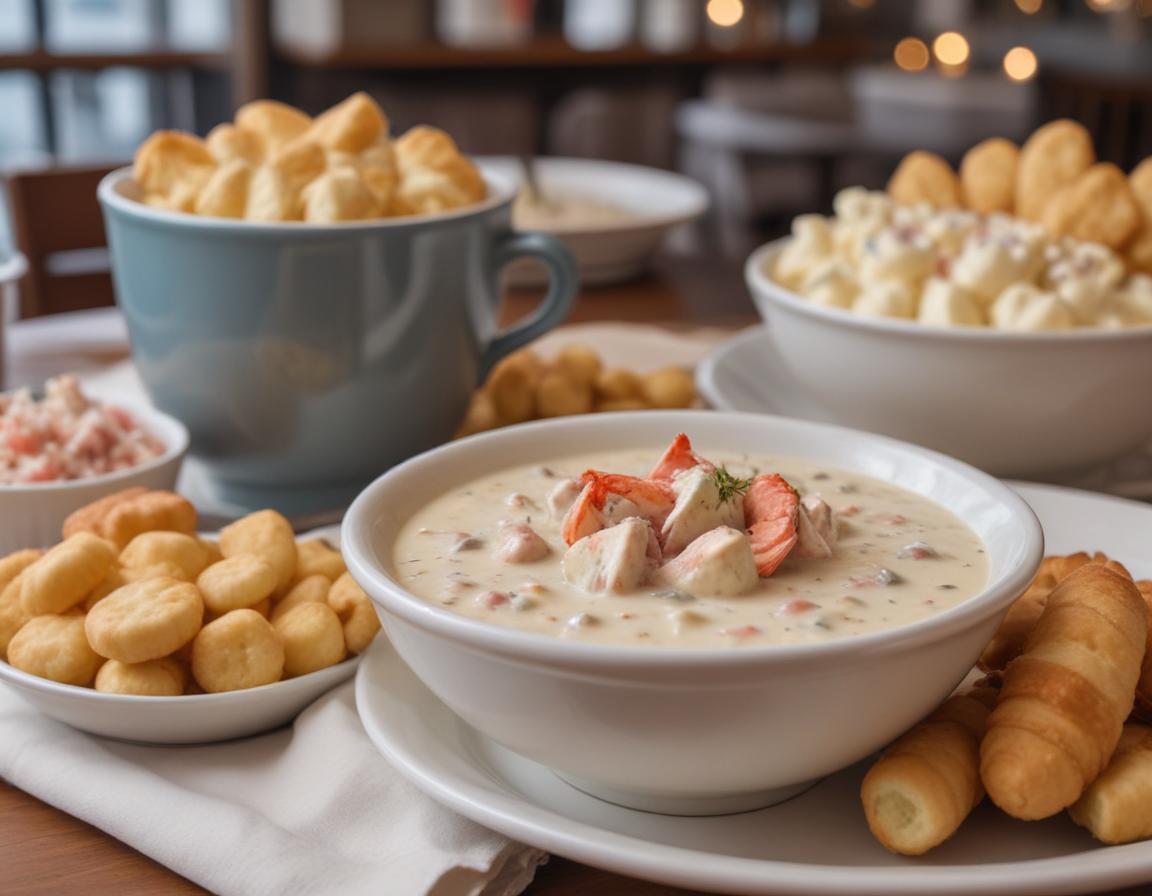A bright and detailed image of clam chowder and lobster rolls