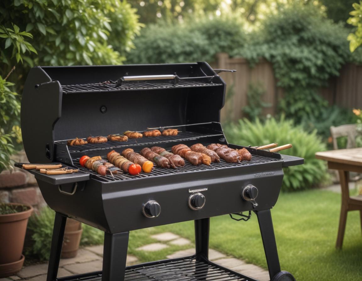 A detailed, photo-realistic image of a charcoal and gas grill with tools and summer greenery in the background.