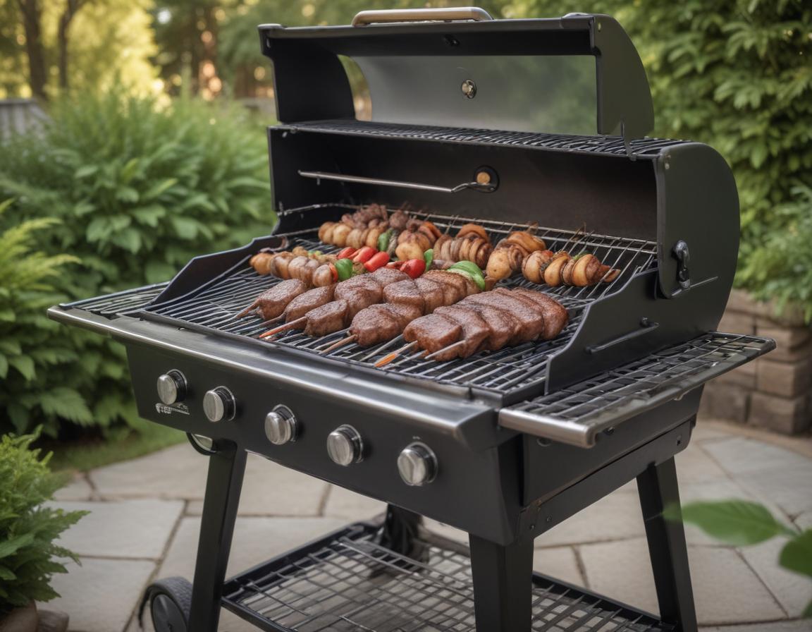 A gourmet burger with layers of lettuce, pickles, bacon, vegetables, and bowls of sauces displayed on a picnic table.
