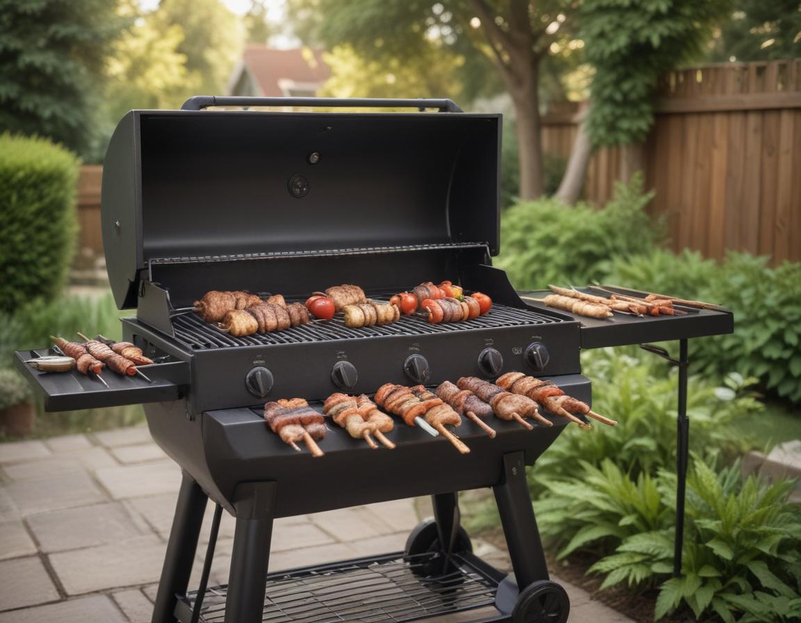 A modern outdoor kitchen counter with stylish barbecue gadgets like a smart thermometer and marinade injectors.